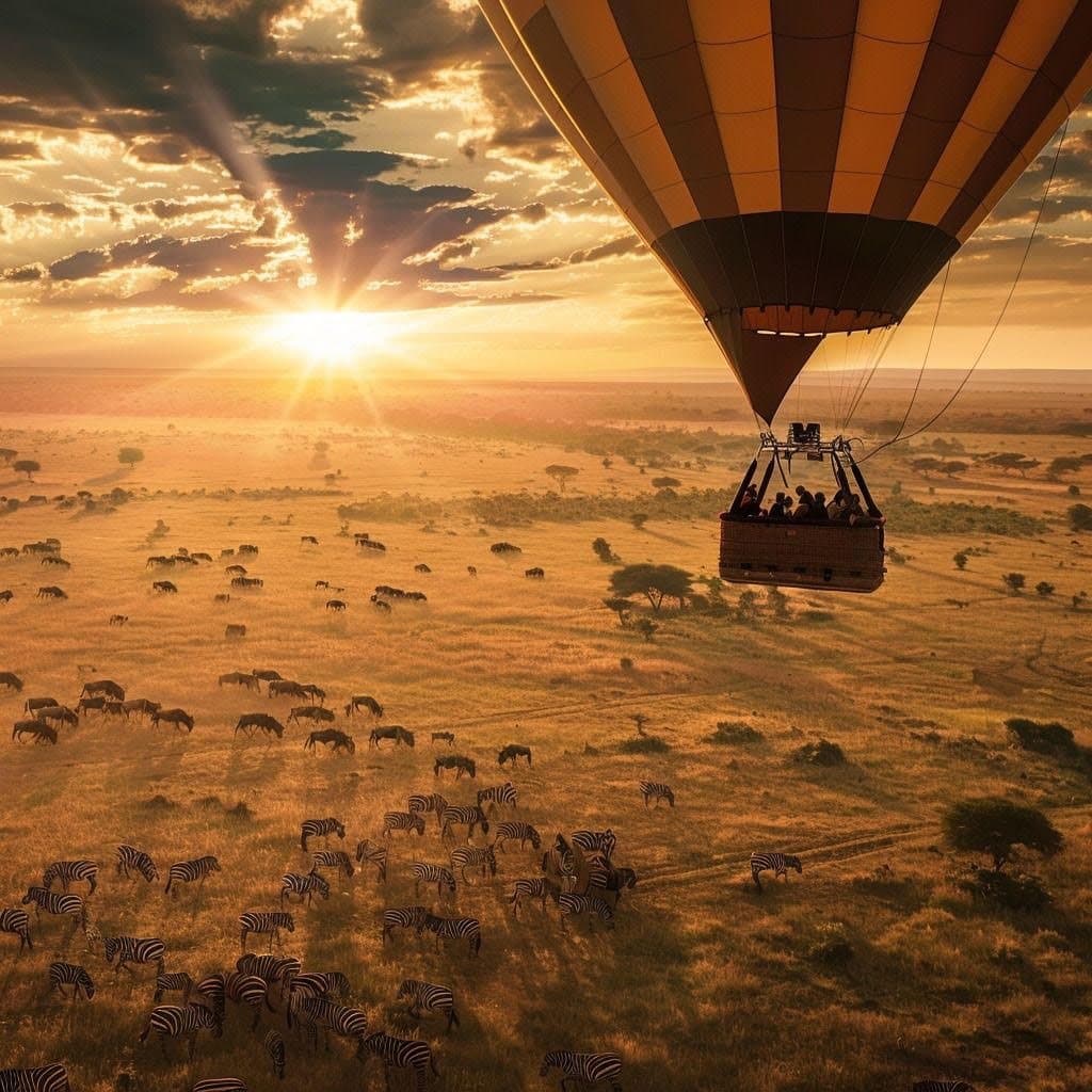 Montgolfiere au-dessus d'un troupeau au soleil couchant